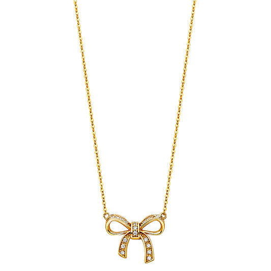 14K Yellow Gold Bow Pendant Charm Necklace for Women