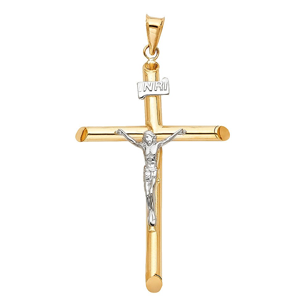 14K Two-Tone Gold Hollow Round Tube Cross Crucifix Religious Pendant -30x55mm