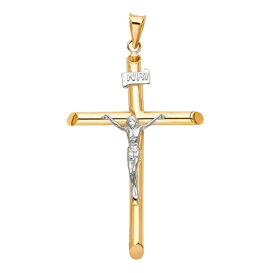 14K Two-Tone Gold Hollow Round Tube Cross Crucifix INRI Religious Pendant -30x55mm