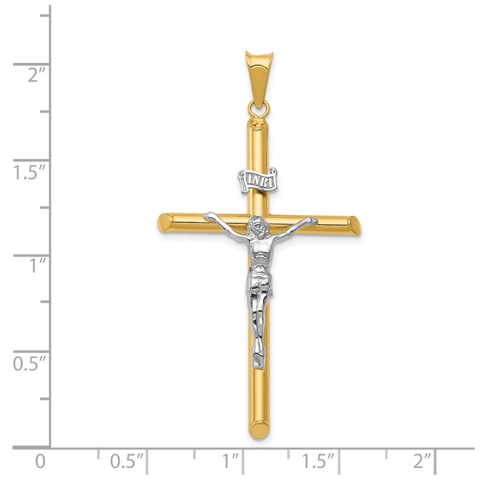 14K Two-Tone Gold Hollow Round Tube Cross Crucifix Religious Pendant -30x55mm