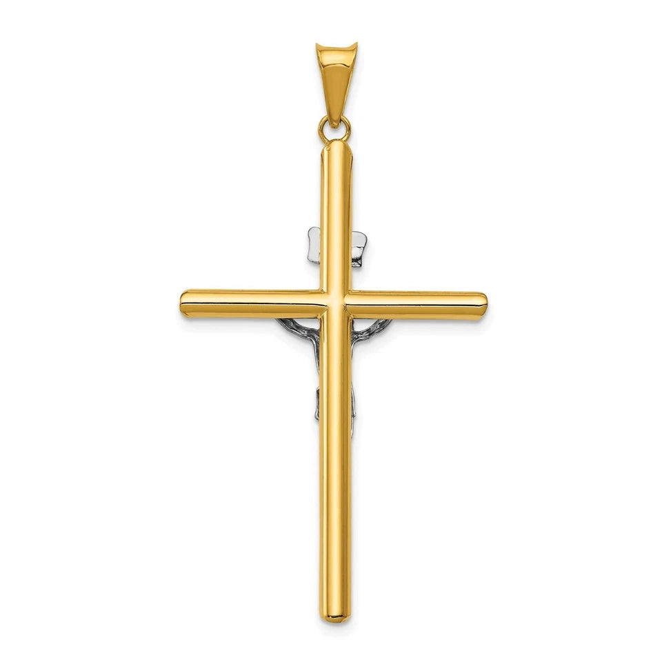 14K Two-Tone Gold Hollow Round Tube Cross Crucifix Religious Pendant -30x55mm