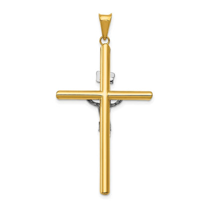 14K Two-Tone Gold Hollow Round Tube Cross Crucifix Religious Pendant -30x55mm