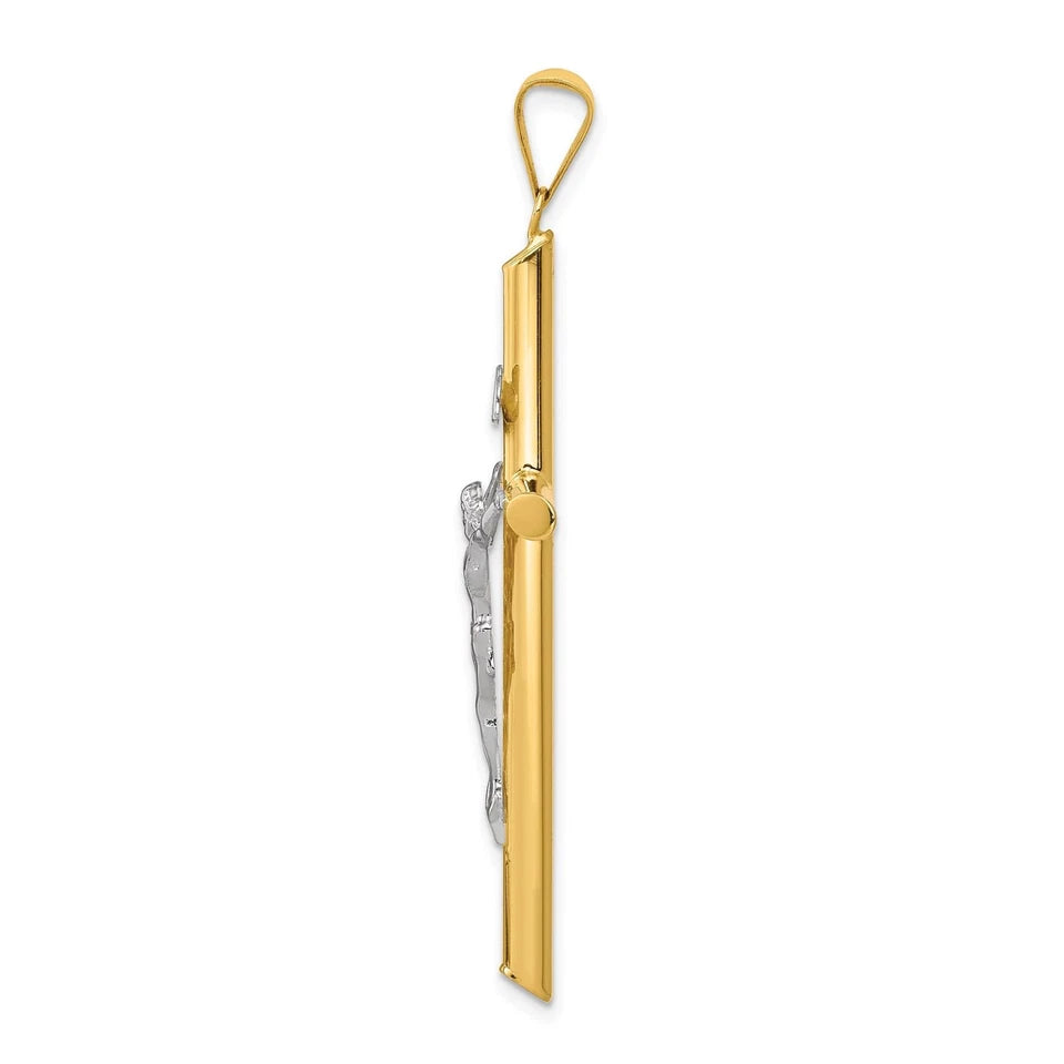 14K Two-Tone Gold Hollow Round Tube Cross Crucifix Religious Pendant -30x55mm