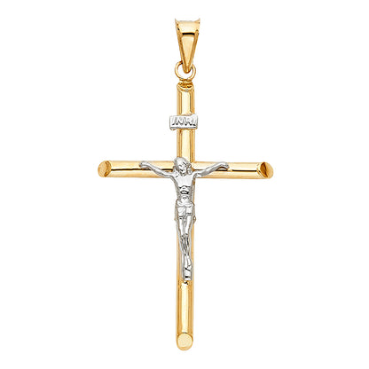 14K Two-Tone Gold Hollow Round Tube Crucifix Pendant