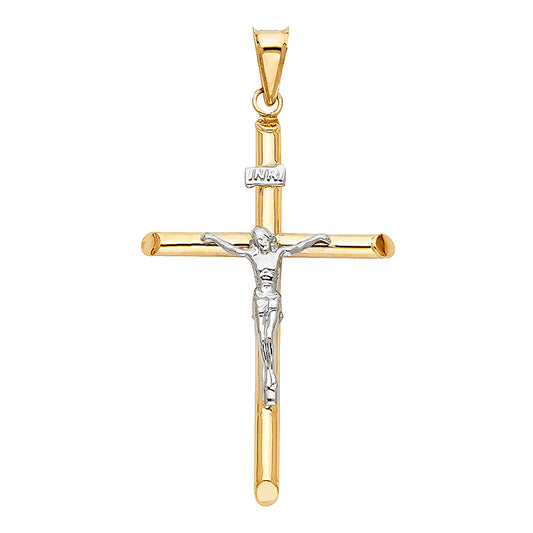 14K Two-Tone Gold Hollow Round Tube Crucifix Pendant