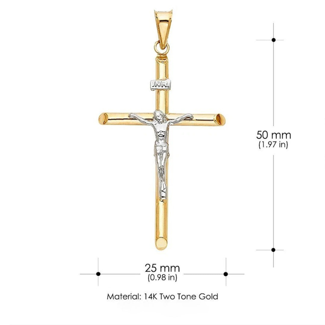 14K Two-Tone Gold Hollow Round Tube Crucifix Pendant