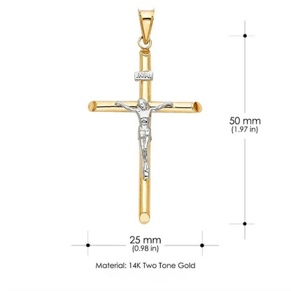 14K Two-Tone Gold Hollow Round Tube Crucifix Pendant