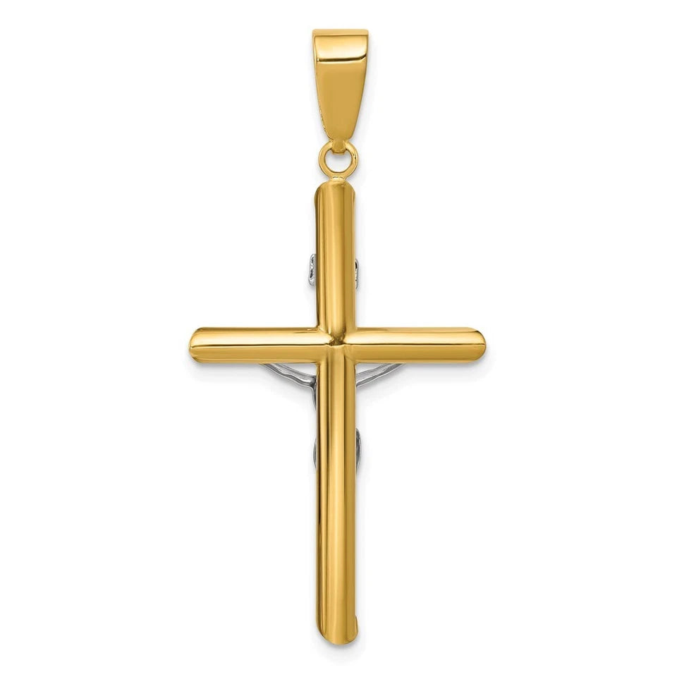 14K Two-Tone Gold Hollow Round Tube Crucifix Pendant