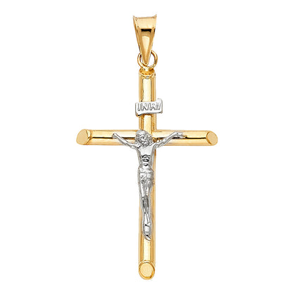 14K Two Tone Gold Hollow Round Tube Crucifix Pendant