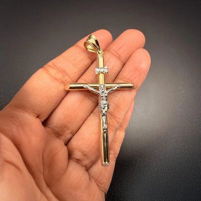 14K Two Tone Gold Hollow Round Tube Crucifix Pendant