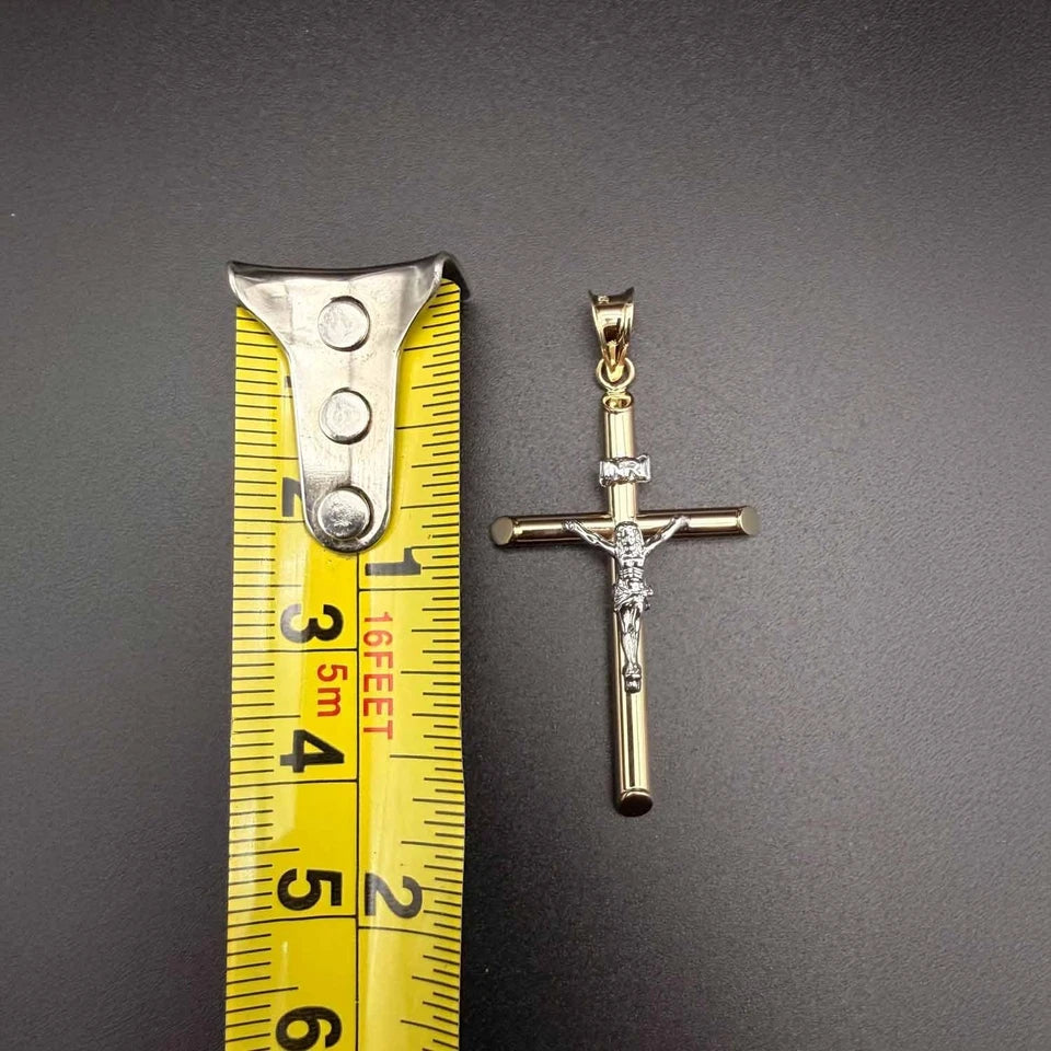 14K Two Tone Gold Hollow Round Tube Crucifix Pendant