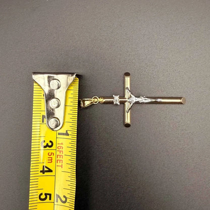 14K Two Tone Gold Hollow Round Tube Crucifix Pendant
