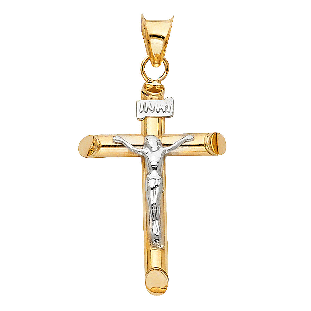 14K Two-Tone Gold Polished Hollow Jesus Crucifix INRI Cross Pendant