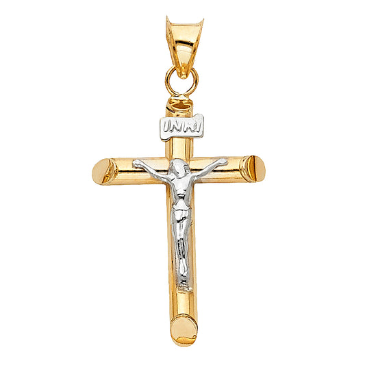 14K Two-Tone Gold Polished Hollow Jesus Crucifix INRI Cross Pendant