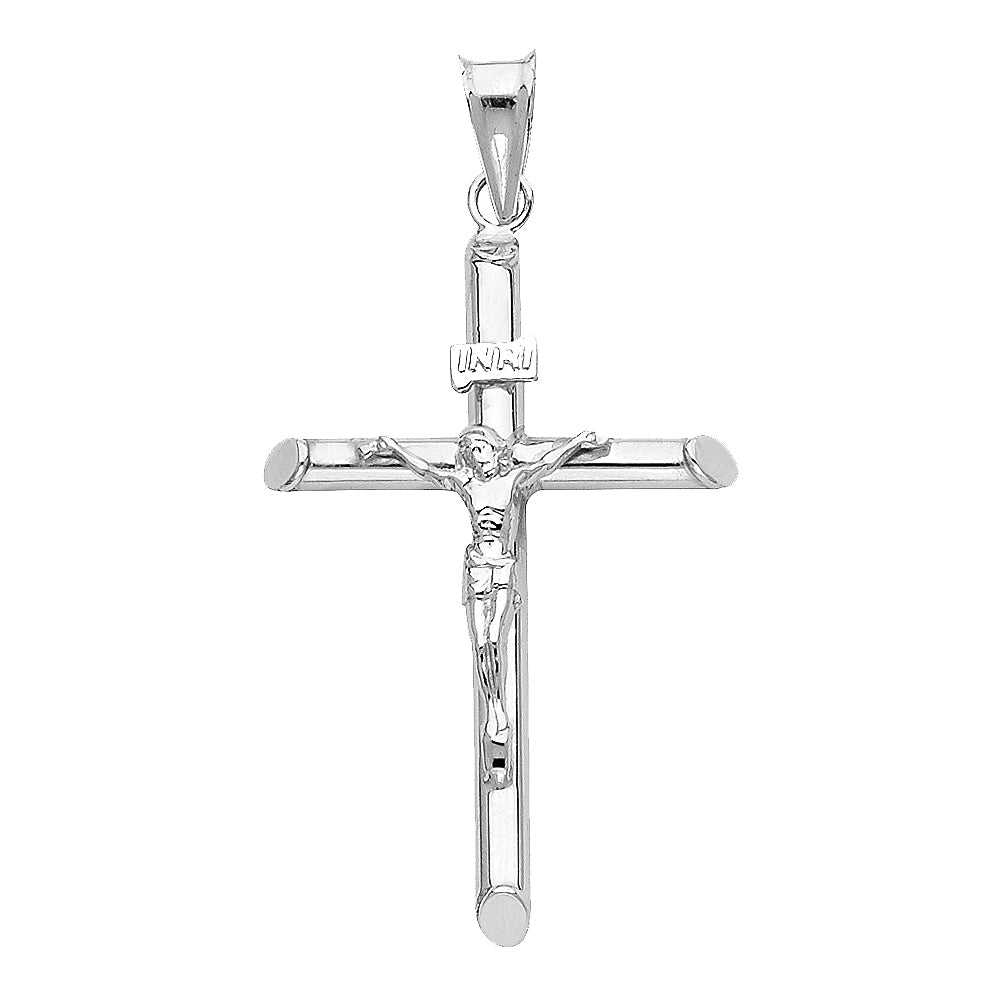 14K White Gold Hollow Crucifix Jesus Cross INRI Religious Pendant - 20×40mm
