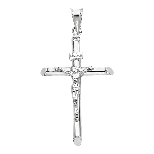14K White Gold Hollow Round Tube Crucifix Jesus Cross INRI Religious Pendant - 20×40mm