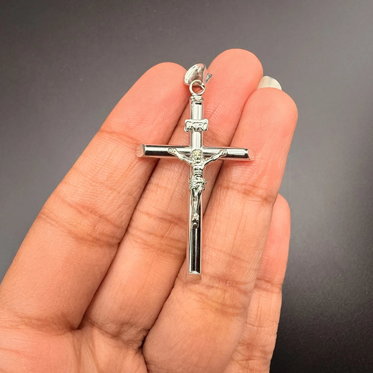 14K White Gold Hollow Crucifix Jesus Cross INRI Religious Pendant - 20×40mm
