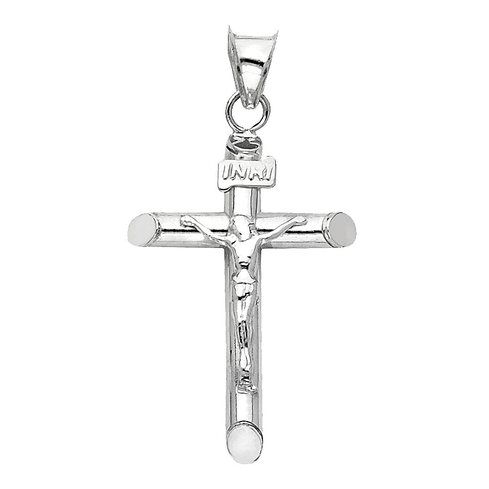 14K White Gold Lightweight Hollow Crucifix Cross INRI Religious Pendant - 15×35mm