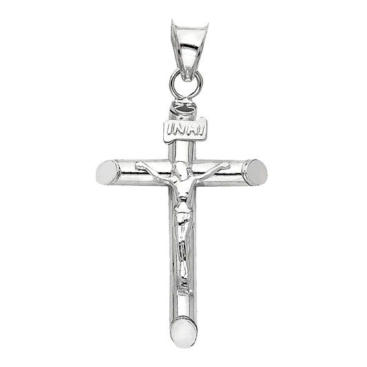 14K White Gold Lightweight Hollow Round Tube Crucifix Cross INRI Religious Pendant - 15×35mm