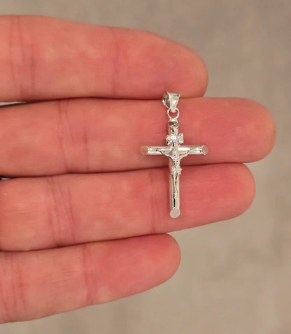 14K White Gold Lightweight Hollow Crucifix Cross INRI Religious Pendant - 15×35mm