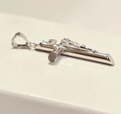 14K White Gold Lightweight Hollow Crucifix Cross INRI Religious Pendant - 15×35mm