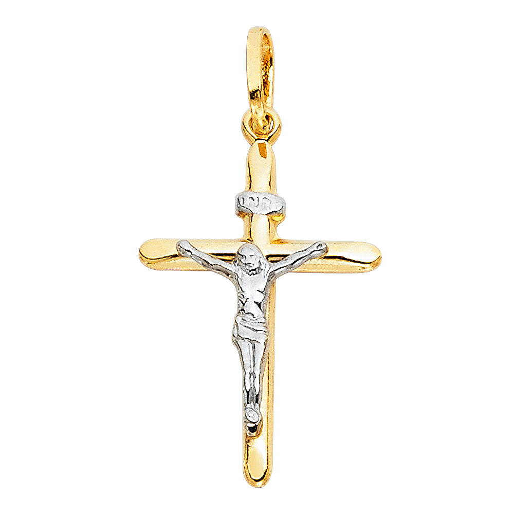 14K Two-Tone Yellow & White Gold Crucifix Cross INRI Pendant - 15x30mm