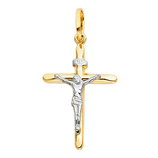 14K Two-Tone Yellow & White Gold Crucifix Cross INRI Religious Charm Pendant - 15×30 mm