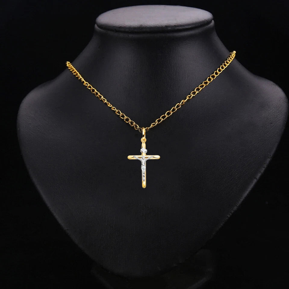 14K Two-Tone Yellow & White Gold Crucifix Cross INRI Pendant - 15x30mm