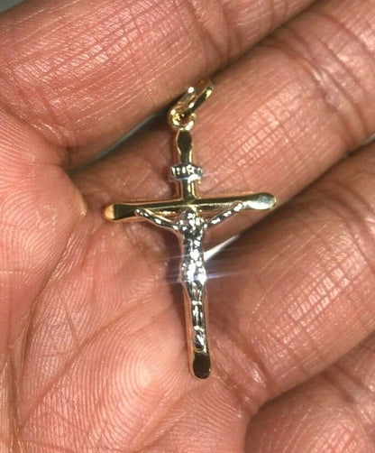 14K Two-Tone Yellow & White Gold Crucifix Cross INRI Pendant - 15x30mm