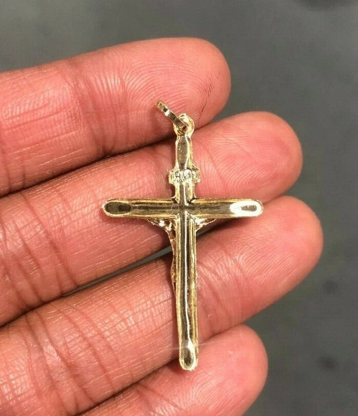 14K Two-Tone Yellow & White Gold Crucifix Cross INRI Pendant - 15x30mm