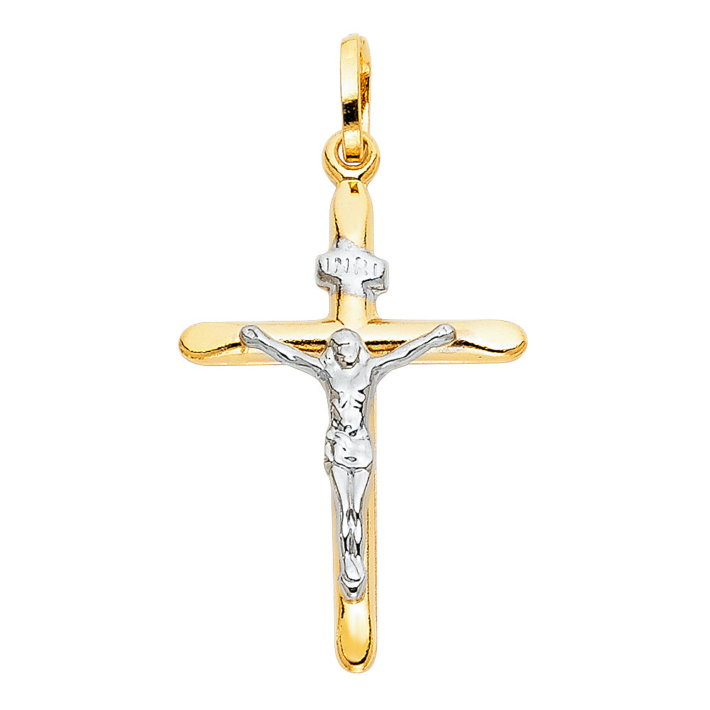 14K Two-Tone White & Yellow Gold Catholic Crucifix Cross Pendant - 20x35mm