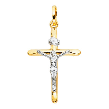 14K Two-Tone White & Yellow Gold Catholic Crucifix Cross Pendant - 20x35mm