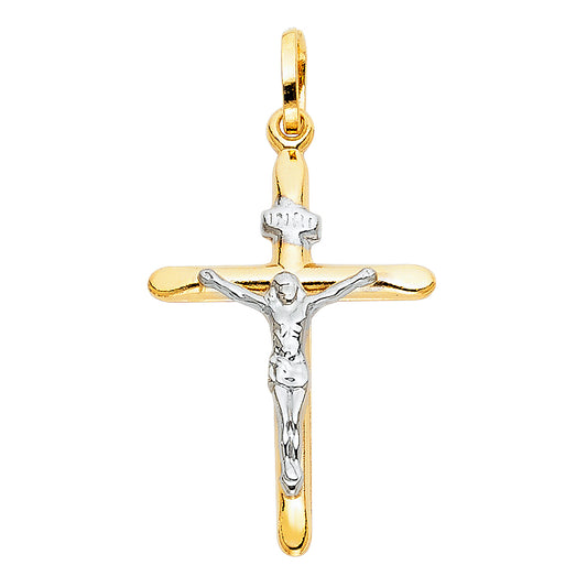 14K Two-Tone White & Yellow Gold Lightweight Catholic Crucifix Cross Pendant - 20x35mm