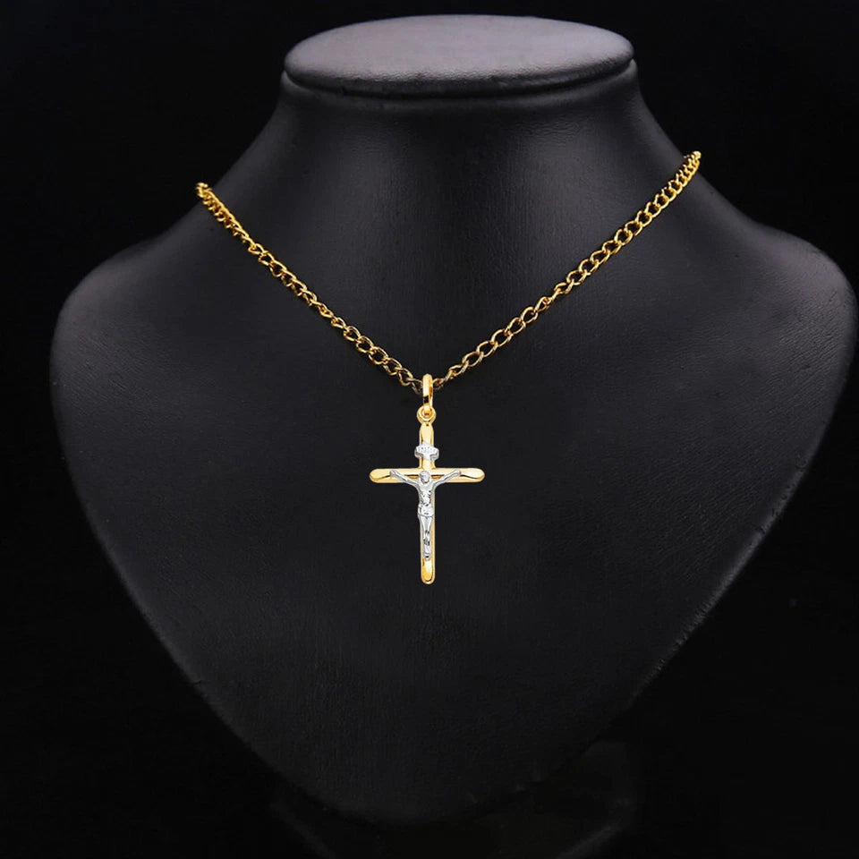 14K Two-Tone White & Yellow Gold Catholic Crucifix Cross Pendant - 20x35mm