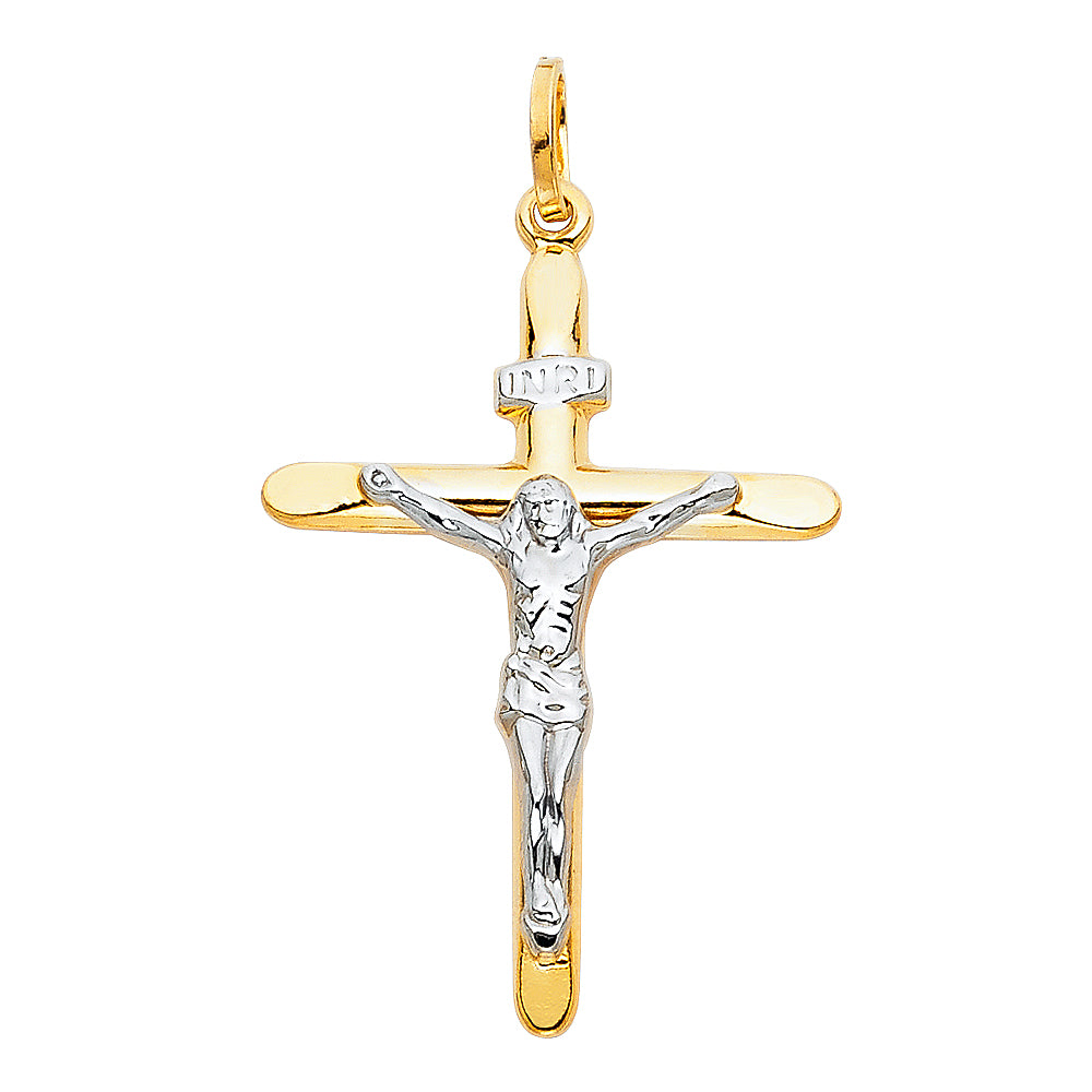 14K Two-Tone White & Yellow Gold Catholic Crucifix INRI Cross Pendant - 25x45mm