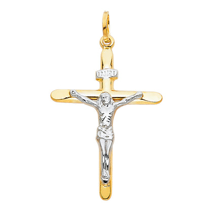 14K Two-Tone White & Yellow Gold Catholic Crucifix INRI Cross Pendant - 25x45mm