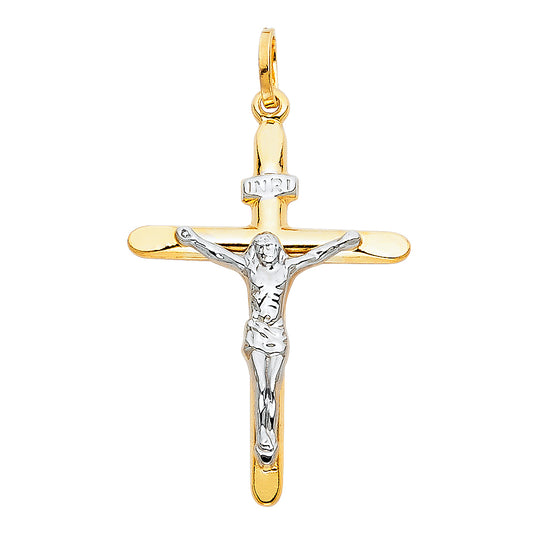 14K Two-Tone White & Yellow Gold Catholic Crucifix INRI Cross Pendant - 25x45mm