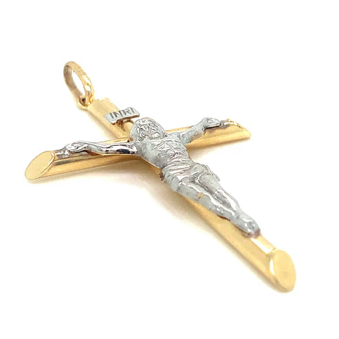 14K Two-Tone White & Yellow Gold Catholic Crucifix INRI Cross Pendant - 25x45mm