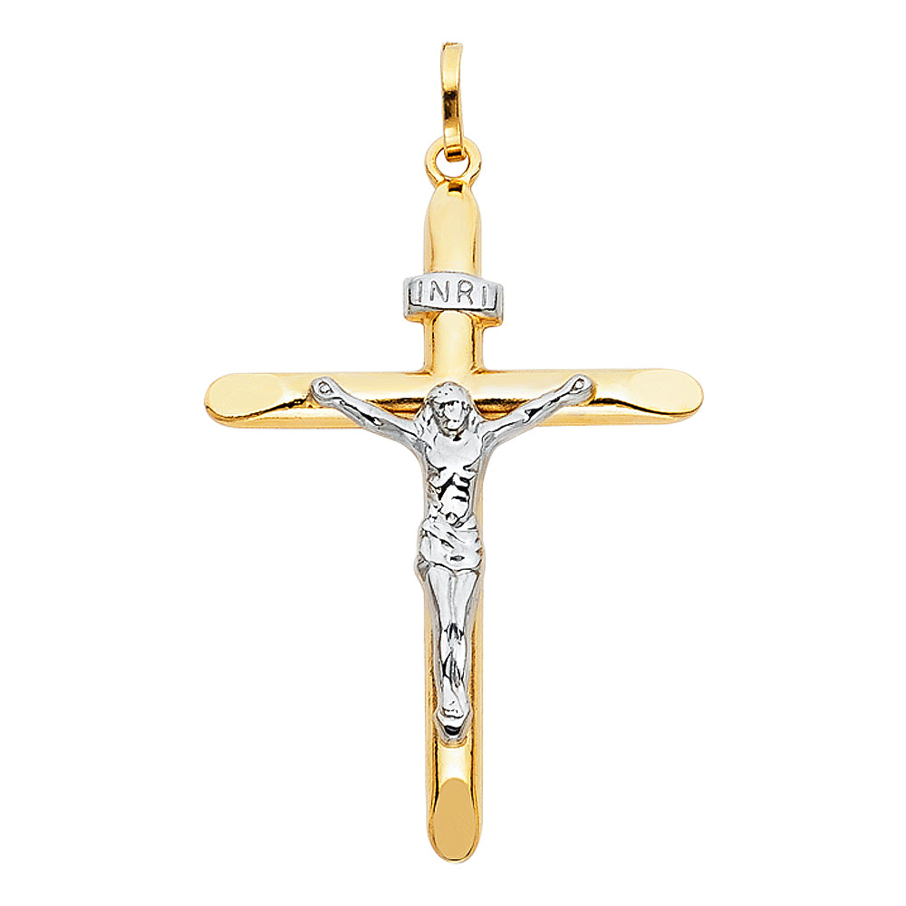 14K Two-Tone White & Yellow Gold Catholic Crucifix Cross Pendant - 30×50mm