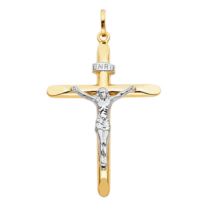 14K Two-Tone White & Yellow Gold Catholic Crucifix Cross Pendant - 30×50mm