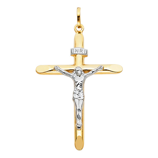 14K Two-Tone White & Yellow Gold Catholic Crucifix Cross Pendant - Large 30×50mm