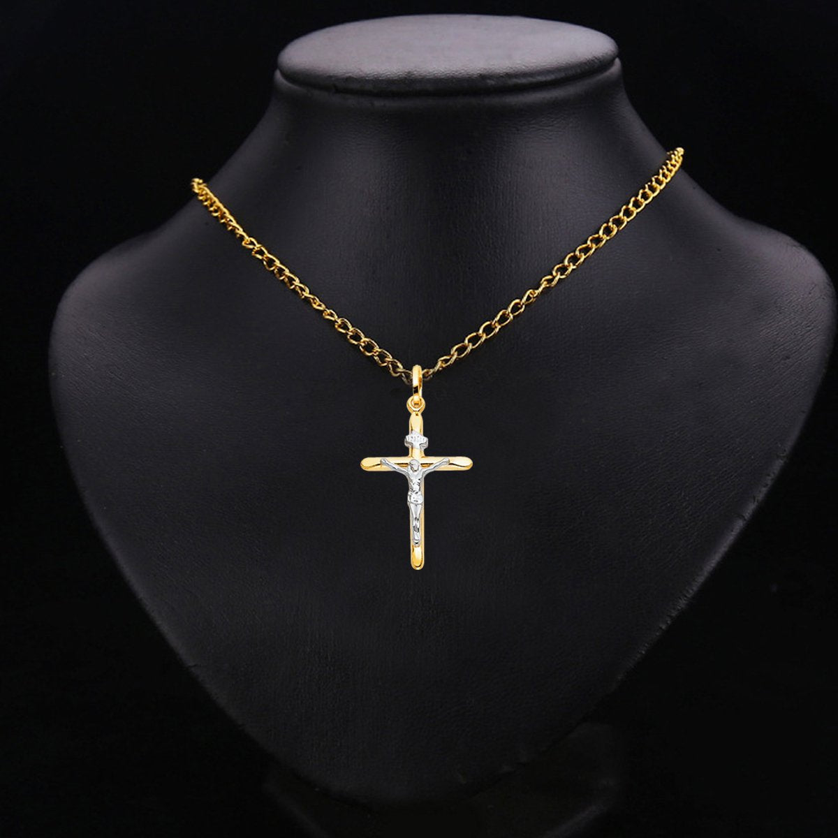 14K Two-Tone White & Yellow Gold Catholic Crucifix Cross Pendant - 30×50mm