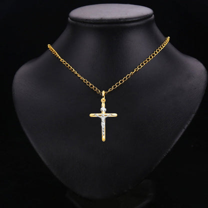 14K Two-Tone White & Yellow Gold Catholic Crucifix Cross Pendant - 30×50mm