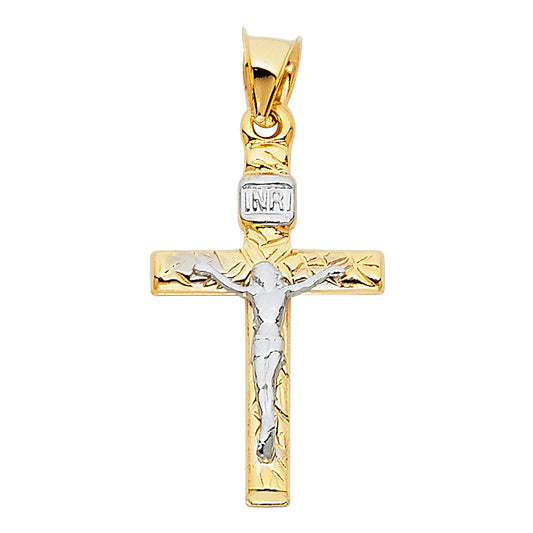 14K Two-Tone Yellow & White Gold Crucifix Cross Charm INRI Religious Pendant - 15×30mm