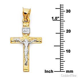 Two-tone gold cross pendant with measurement scale on a white background