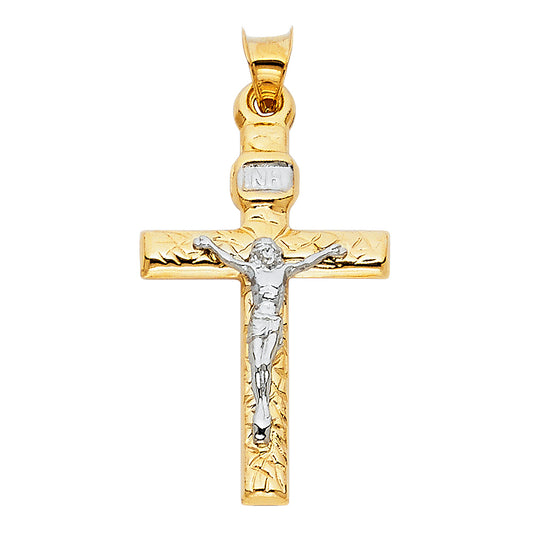 14K Two-Tone Yellow & White Gold Crucifix Cross Charm INRI Religious Pendant - 18x35mm