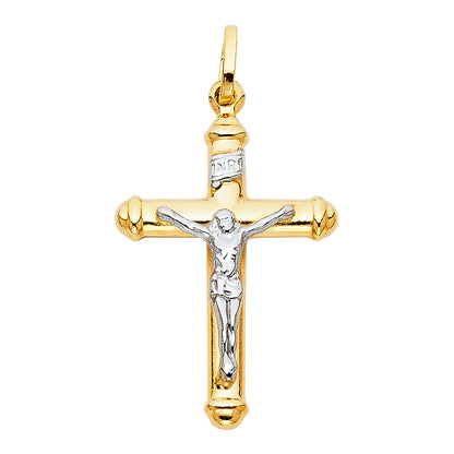 14K Two-Tone Yellow & White Gold Hollow Catholic Crucifix Cross Pendant - 20×35mm