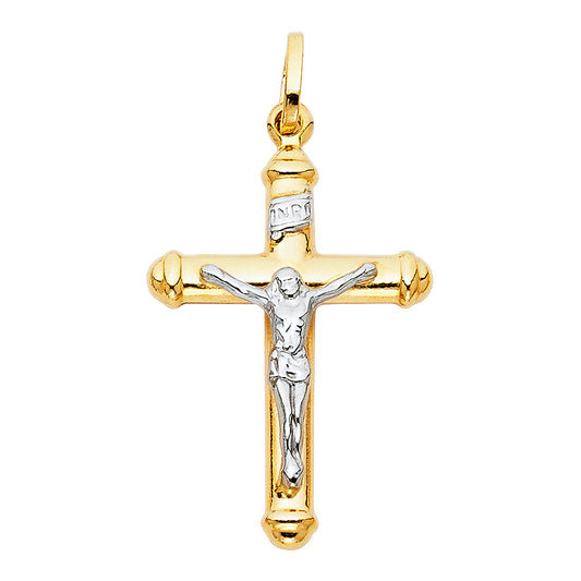 14K Two-Tone Yellow & White Gold Hollow Catholic Crucifix Cross Pendant - 20×35mm