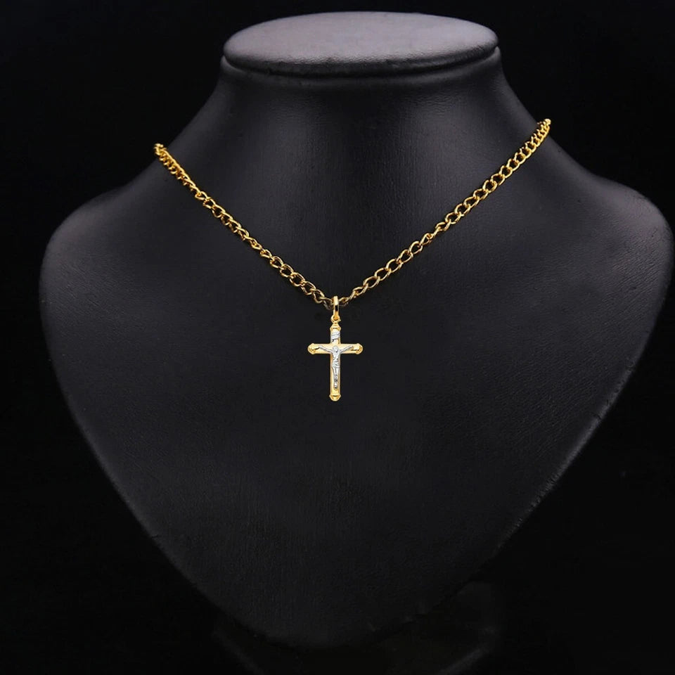 14K Two-Tone Yellow & White Gold Hollow Catholic Crucifix Cross Pendant - 20×35mm