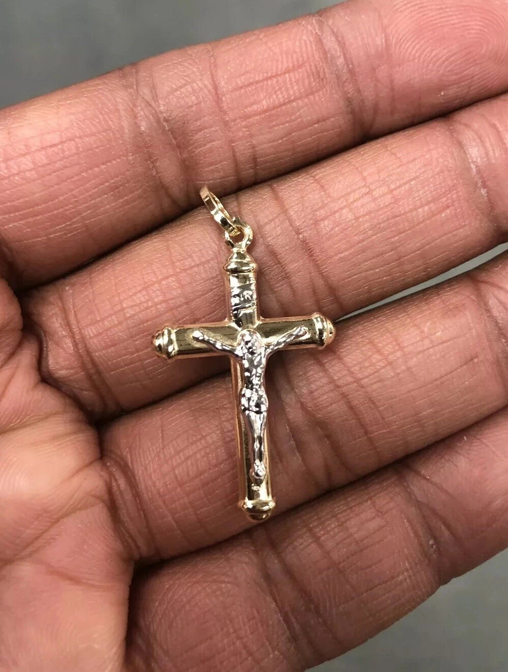 14K Two-Tone Yellow & White Gold Hollow Catholic Crucifix Cross Pendant - 20×35mm